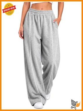 Womens Wide Leg Track Pants Elastic High Waist Baggy Workout